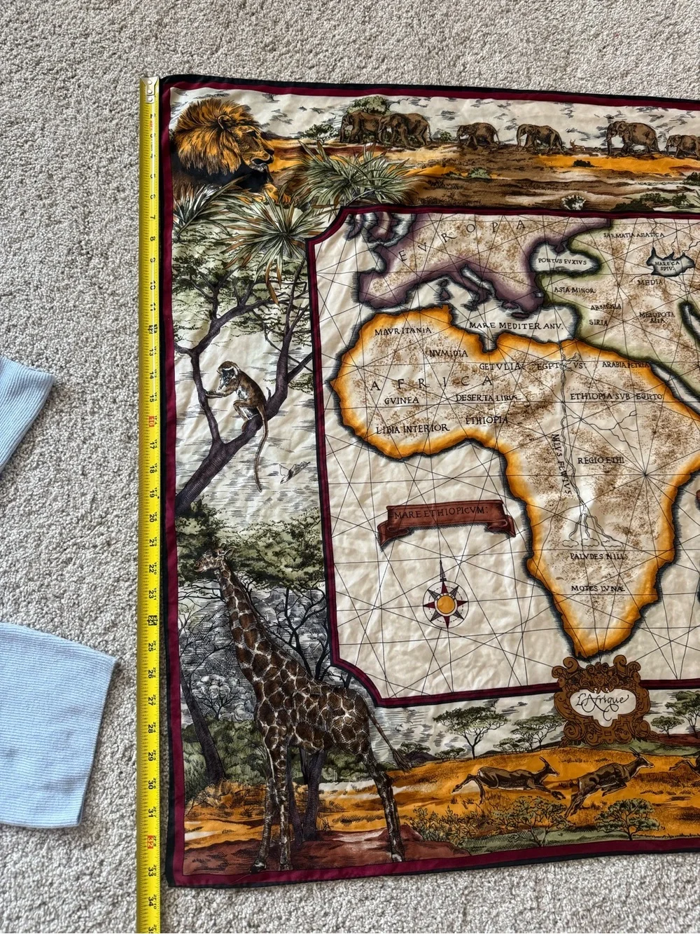 Wathne Africa Compass Print Silk Scarf with Yellow and Burgundy Accents